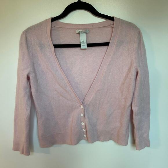 Vintage TWEEDS Light pink 100% cashmere button down v neck cardigan M - Picture 2 of 4